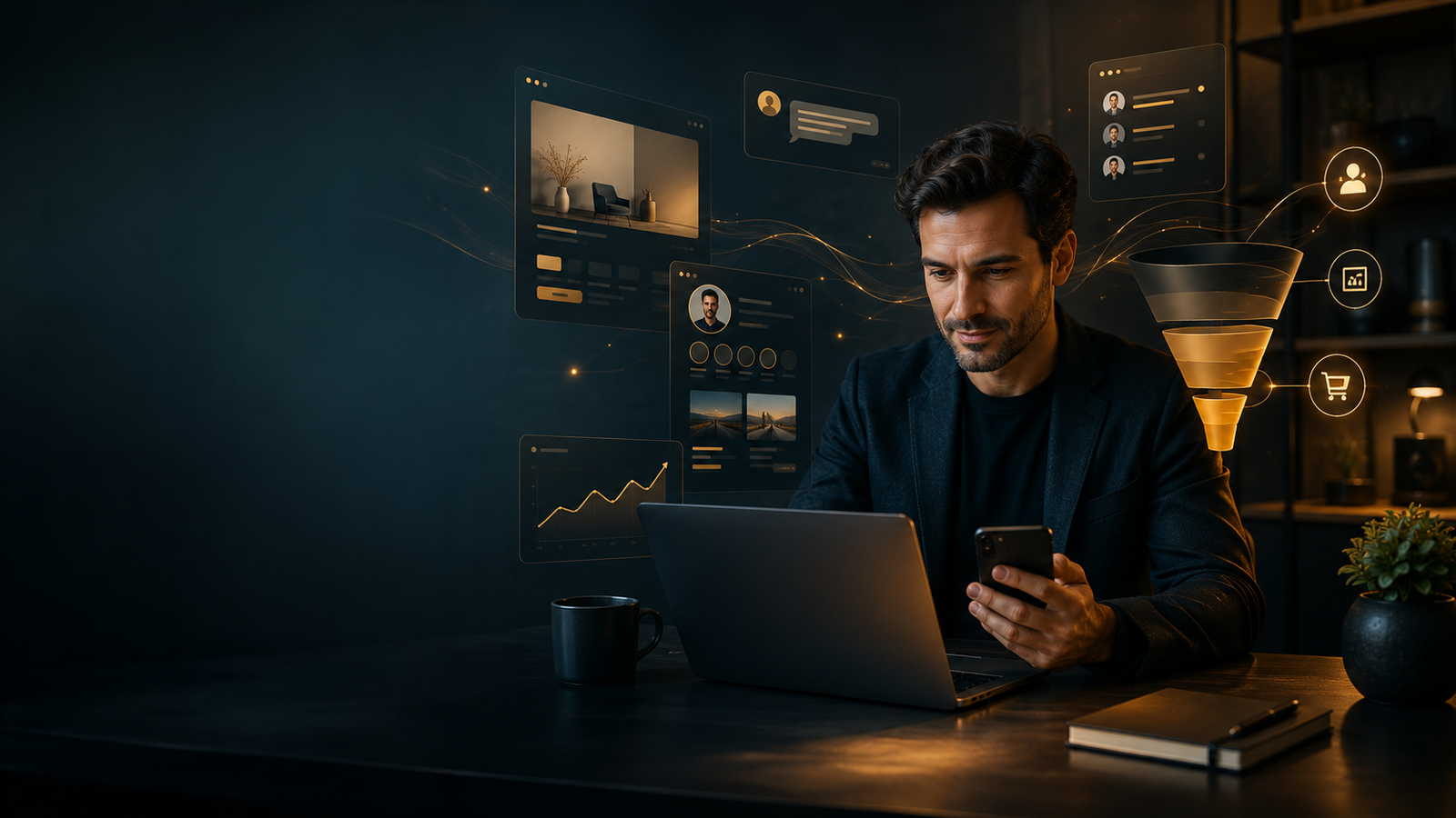 Estrategia digital con laptop, celular y embudo de ventas